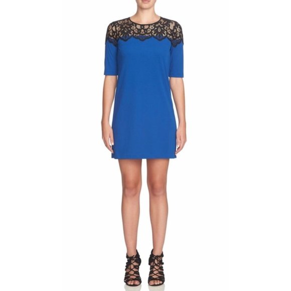 NWT Womens Size 8 Cynthia Steffe Blue Black Lace Yoke Shift Mini Dress - Picture 1 of 2